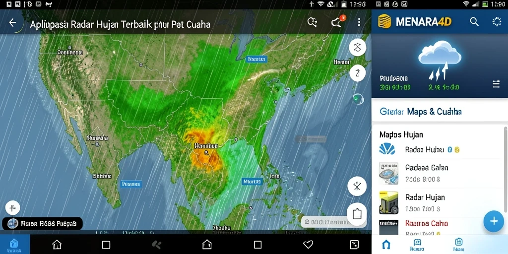 Antarmuka pengguna aplikasi Radar Hujan MENARA4D menunjukkan peta cuaca interaktif.